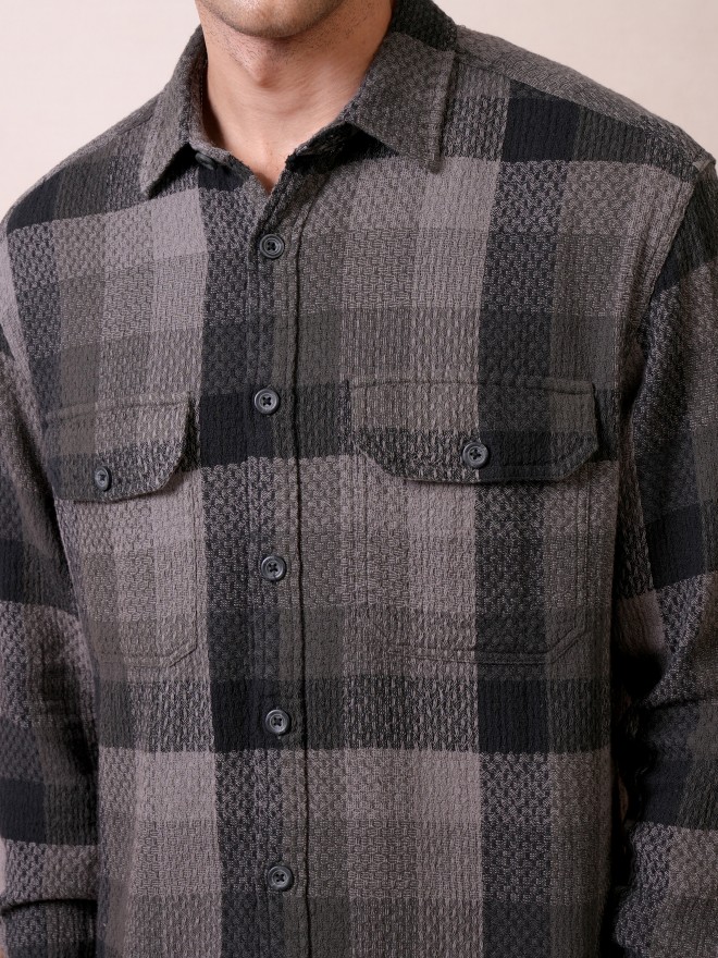 Locomotive Premium Men Grey Dobby Textured Checked Utility Pocket Overshirt