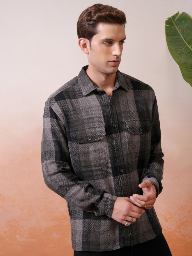 Locomotive Premium Men Grey Dobby Textured Checked Utility Pocket Overshirt