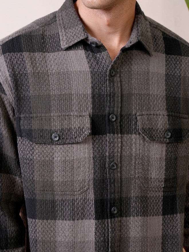 Locomotive Premium Men Grey Dobby Textured Checked Utility Pocket Overshirt