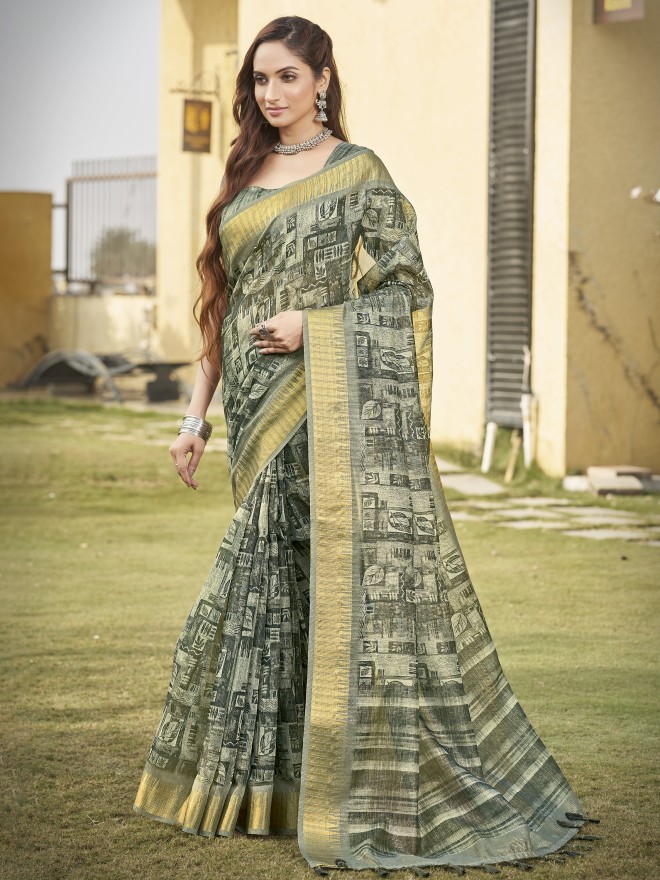 Vishudh Women Organza Abstract Art Digital Print Zari Border Saree With Unstitched Blouse