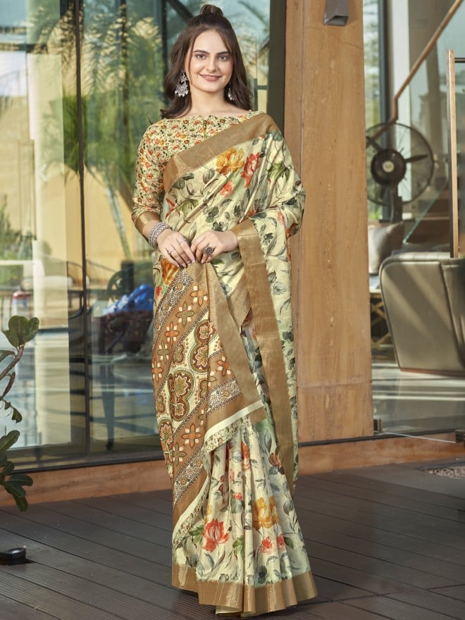 Vishudh Women Artificial Silk Floral Digital Print Soild Zari Border Saree With Unstitched Blouse