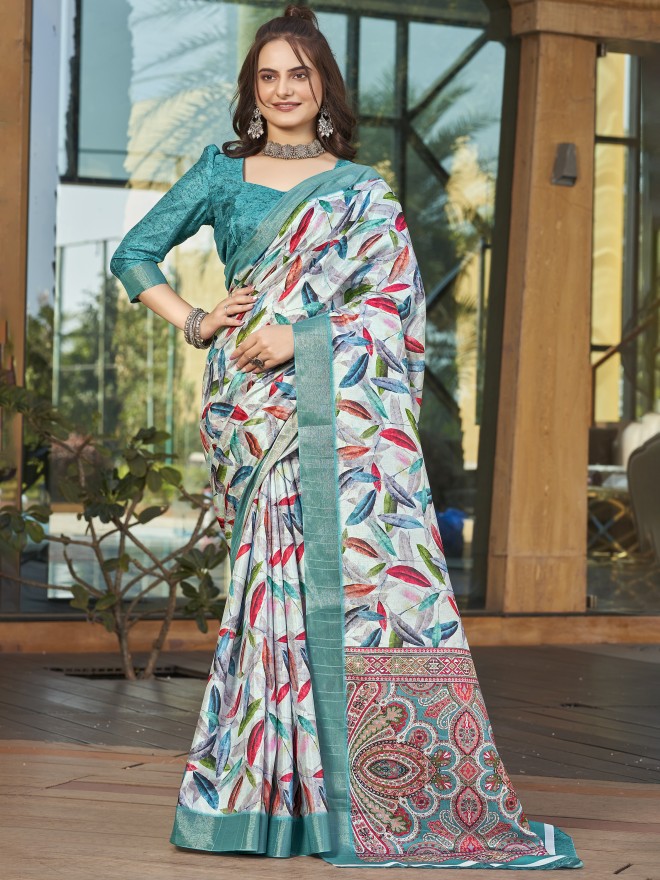 Vishudh Women Artificial Silk Floral Digital Print Soild Zari Border Saree With Unstitched Blouse