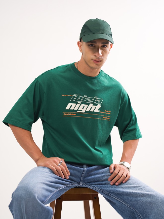 Highlander Men Green Printed Round Neck Oversized Fit T-Shirt