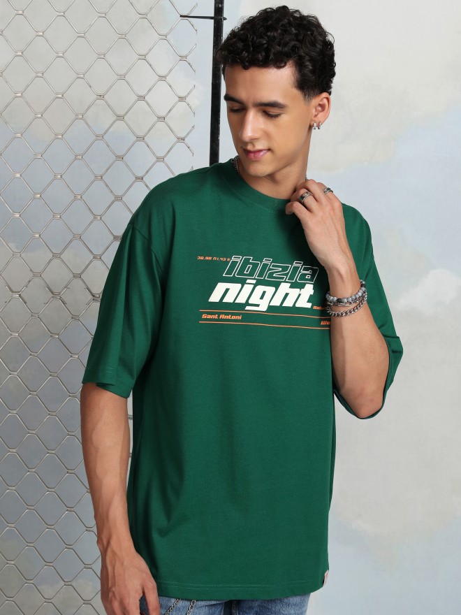 Highlander Men Green Printed Round Neck Oversized Fit T-Shirt