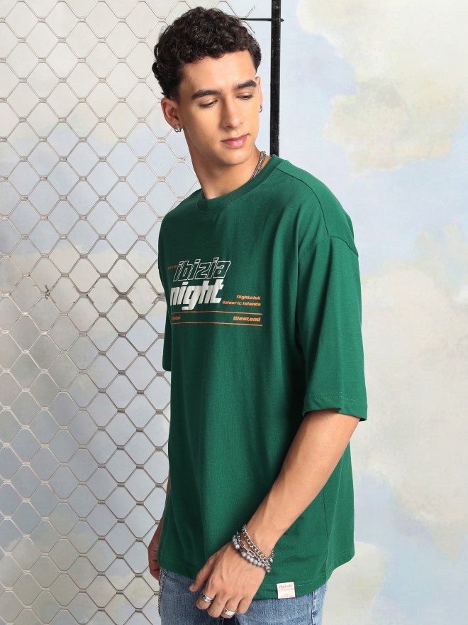 Highlander Men Green Printed Round Neck Oversized Fit T-Shirt