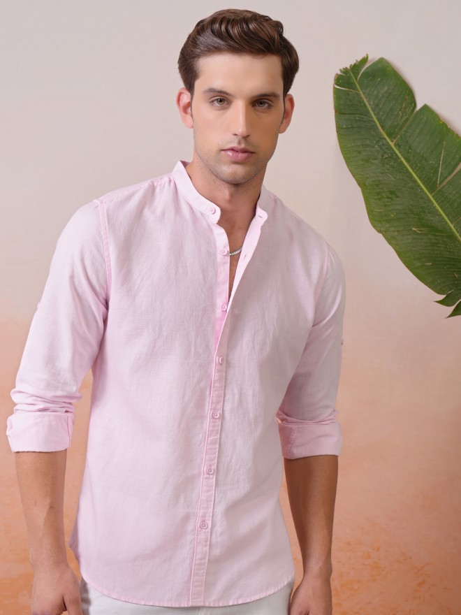 Locomotive Premium Men Light Pink Cotton Linen Solid Mandarin Collar Roll-Up Sleeve Casual Shirt