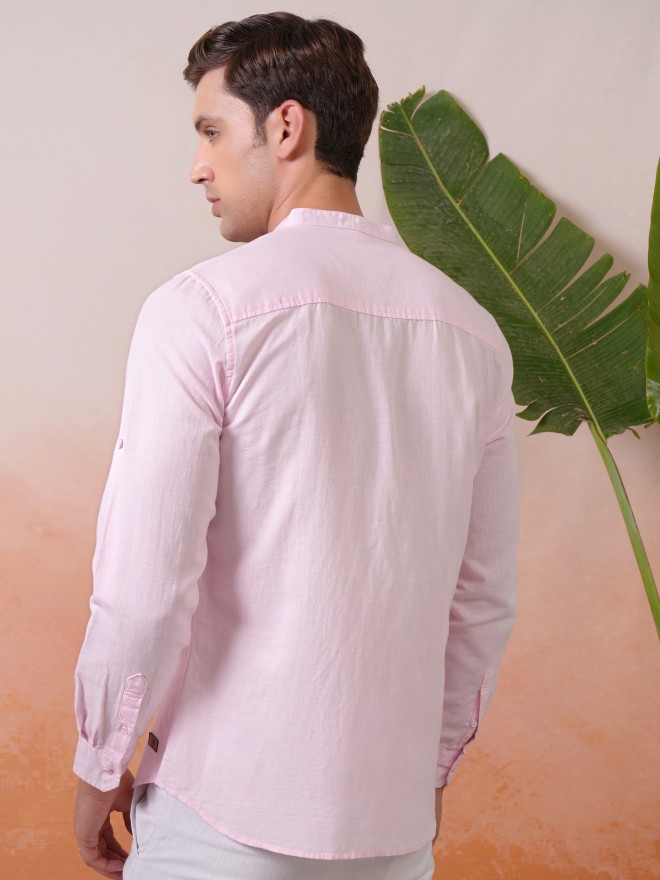 Locomotive Premium Men Light Pink Cotton Linen Solid Mandarin Collar Roll-Up Sleeve Casual Shirt