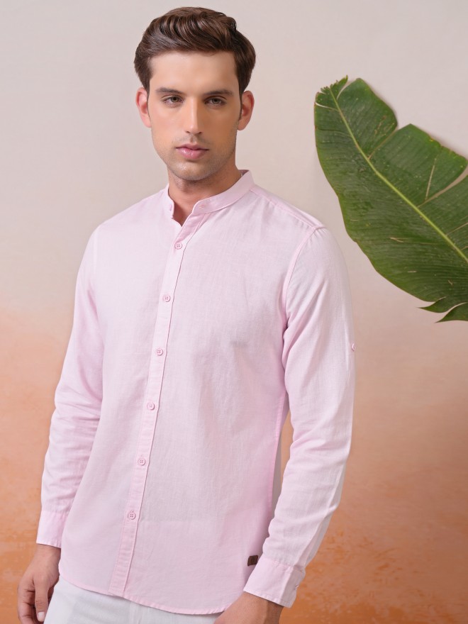 Locomotive Premium Men Light Pink Cotton Linen Solid Mandarin Collar Roll-Up Sleeve Casual Shirt