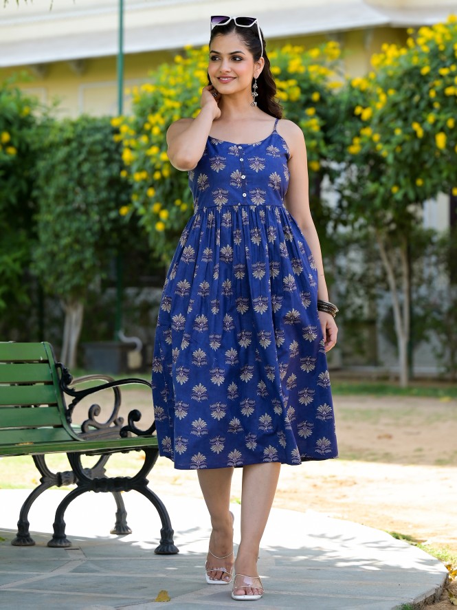 Vishudh Women Navy Blue Printed Fit and Flare Dresses 