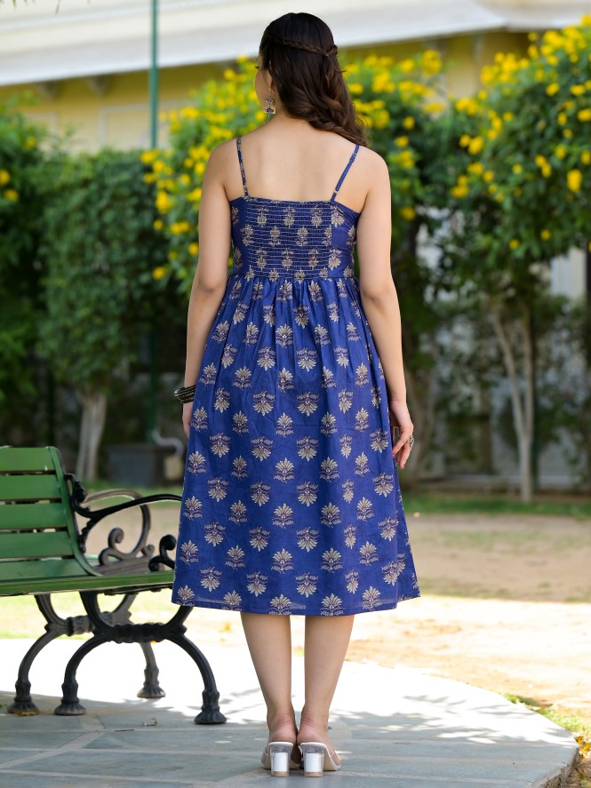 Vishudh Women Navy Blue Printed Fit and Flare Dresses 