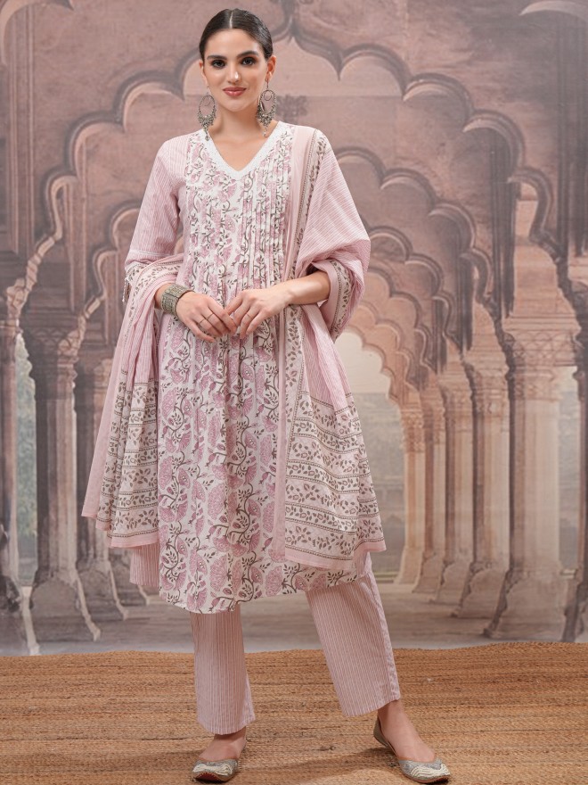 Vishudh Women Pink Printed Kurta With Trousers And Dupatta