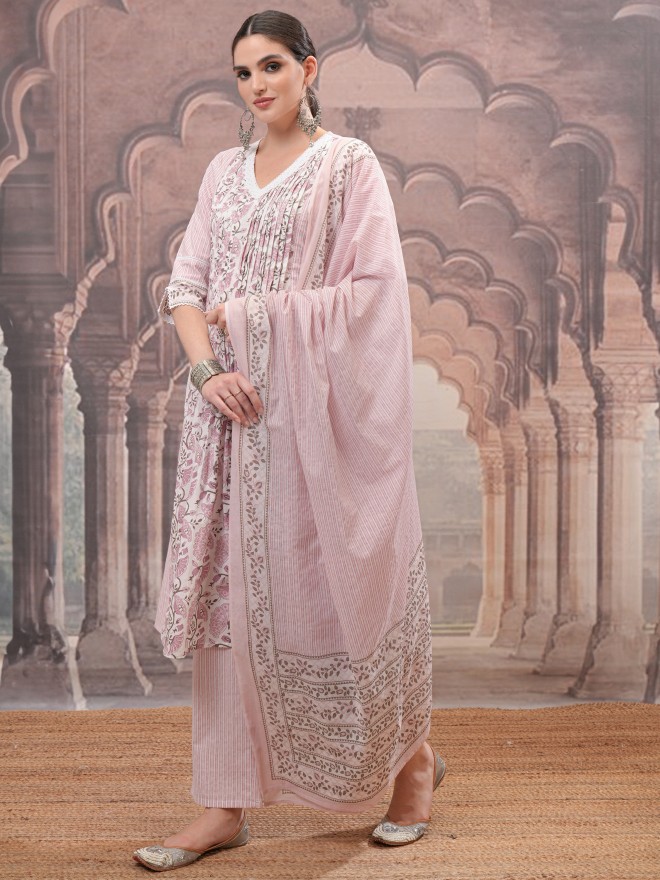 Vishudh Women Pink Printed Kurta With Trousers And Dupatta