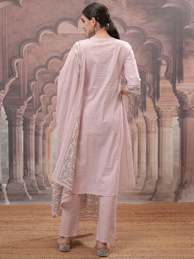 Vishudh Women Pink Printed Kurta With Trousers And Dupatta