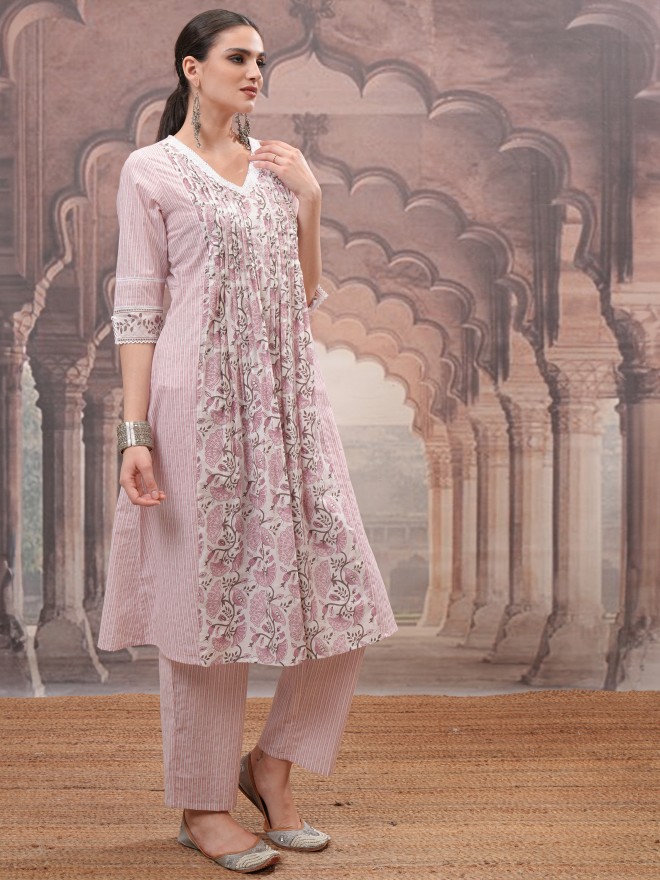 Vishudh Women Pink Printed Kurta With Trousers And Dupatta