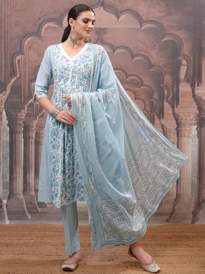 Vishudh Women Blue Printed Kurta With Trousers And Dupatta