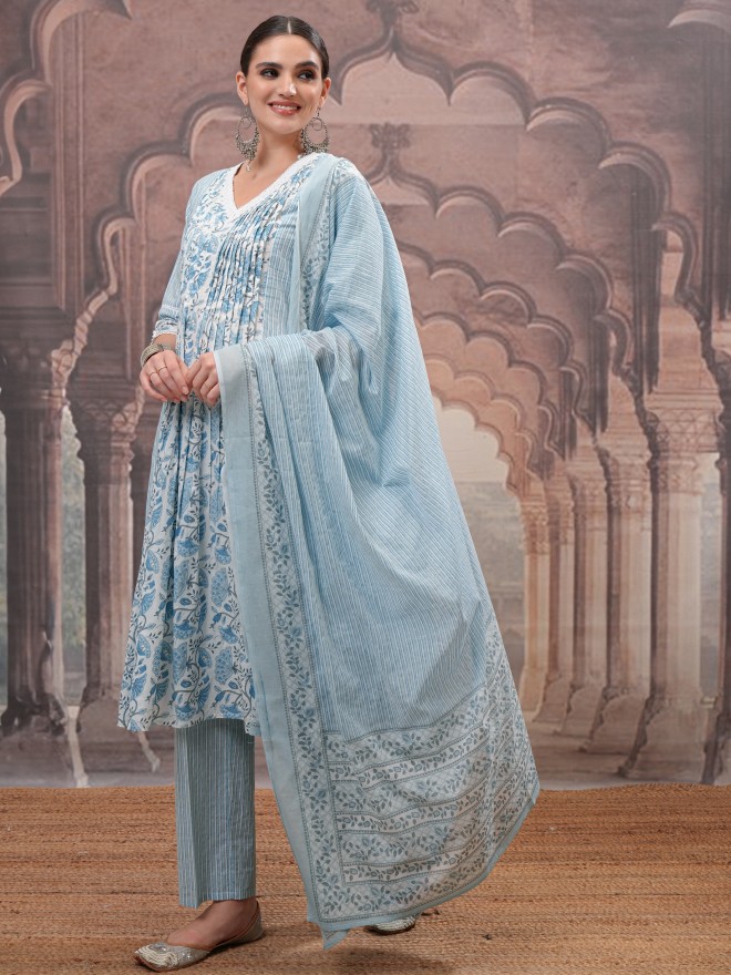 Vishudh Women Blue Printed Kurta With Trousers And Dupatta