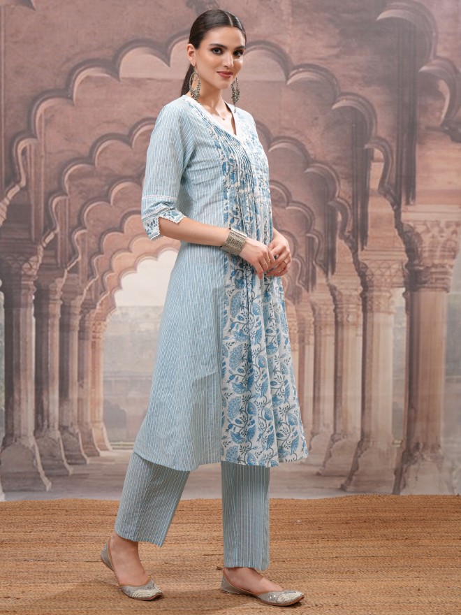 Vishudh Women Blue Printed Kurta With Trousers And Dupatta