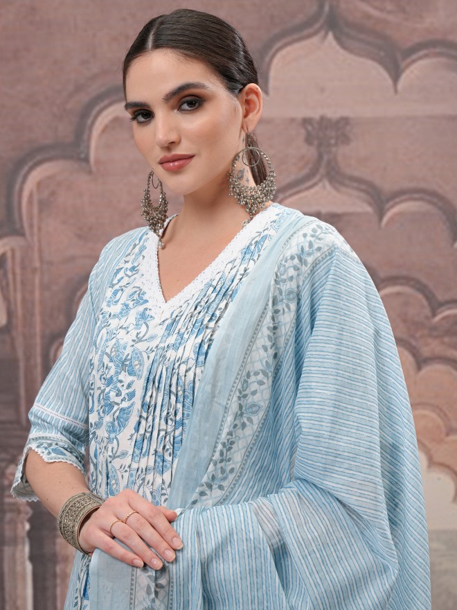 Vishudh Women Blue Printed Kurta With Trousers And Dupatta