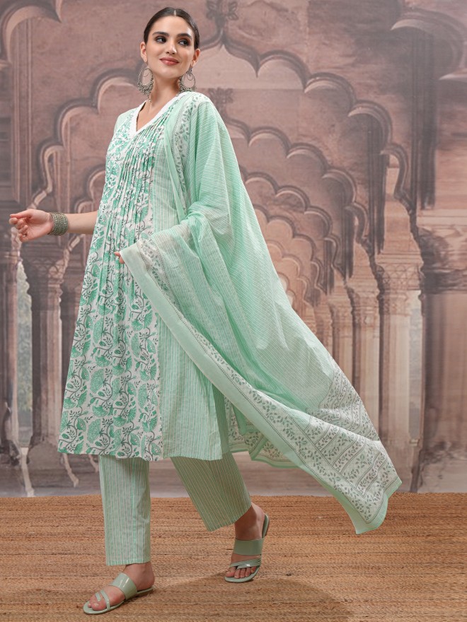 Vishudh Women Teal Printed Kurta With Trousers And Dupatta