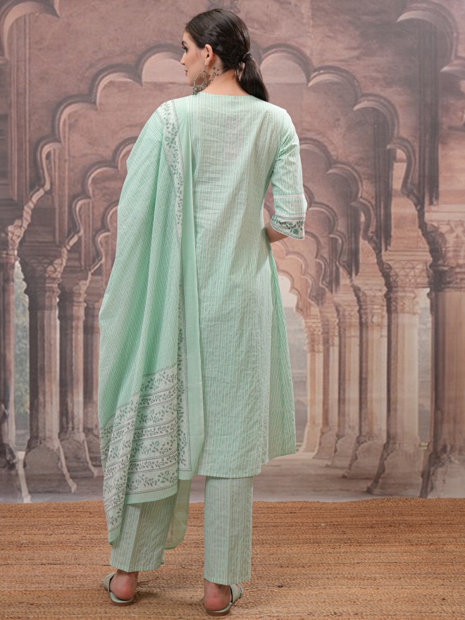 Vishudh Women Teal Printed Kurta With Trousers And Dupatta