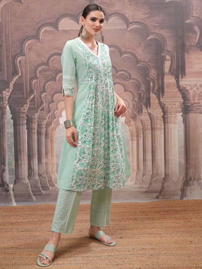 Vishudh Women Teal Printed Kurta With Trousers And Dupatta