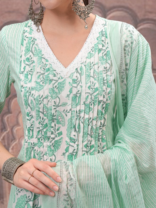 Vishudh Women Teal Printed Kurta With Trousers And Dupatta