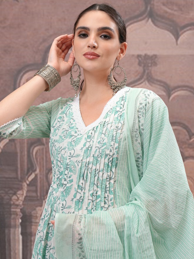 Vishudh Women Teal Printed Kurta With Trousers And Dupatta