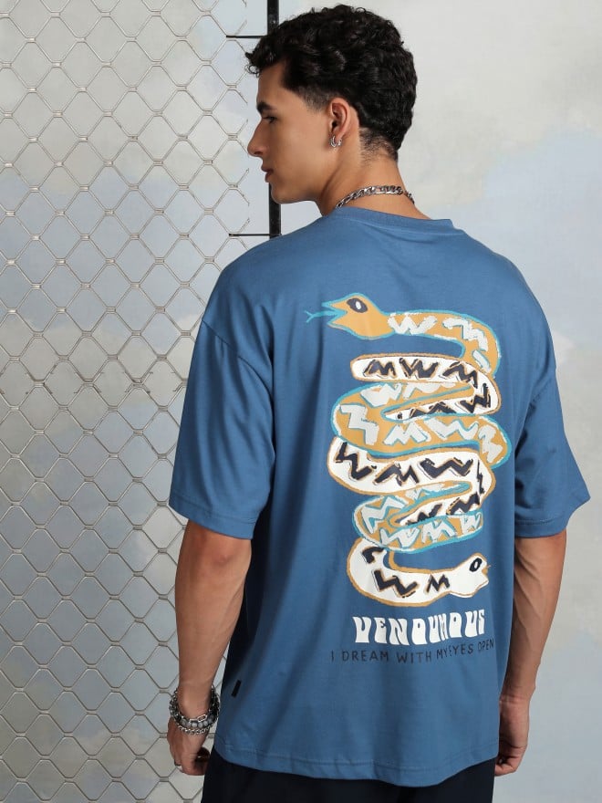 Highlander Men Blue Printed Round Neck Oversized Fit T-Shirt