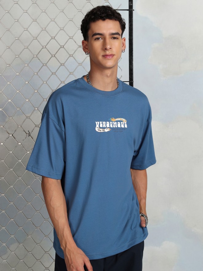 Highlander Men Blue Printed Round Neck Oversized Fit T-Shirt