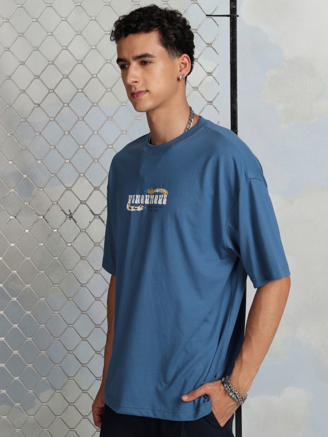 Highlander Men Blue Printed Round Neck Oversized Fit T-Shirt