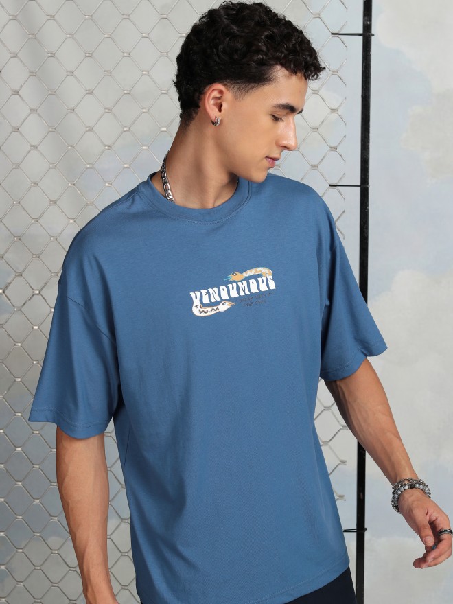 Highlander Men Blue Printed Round Neck Oversized Fit T-Shirt