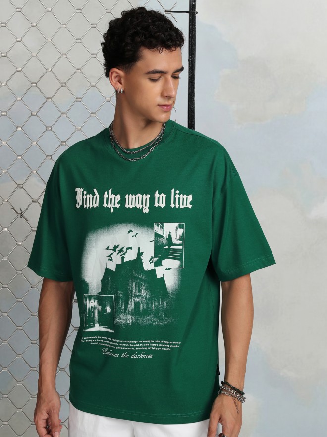 Highlander Men Green Printed Round Neck Oversized Fit T-Shirt