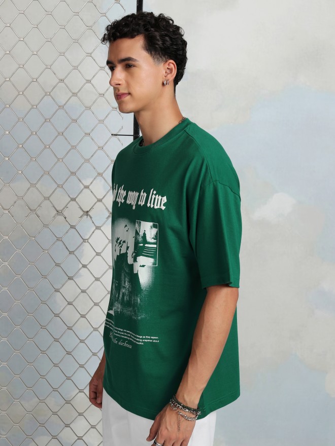 Highlander Men Green Printed Round Neck Oversized Fit T-Shirt