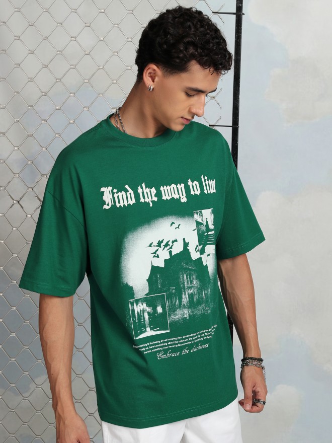 Highlander Men Green Printed Round Neck Oversized Fit T-Shirt