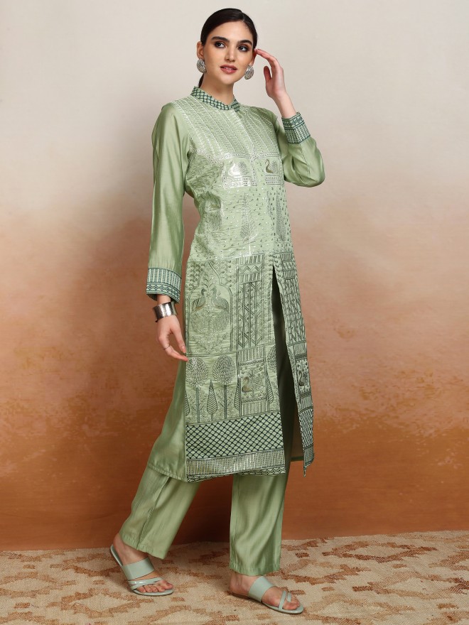 Vishudh Women Green Printed Kurta With Trousers