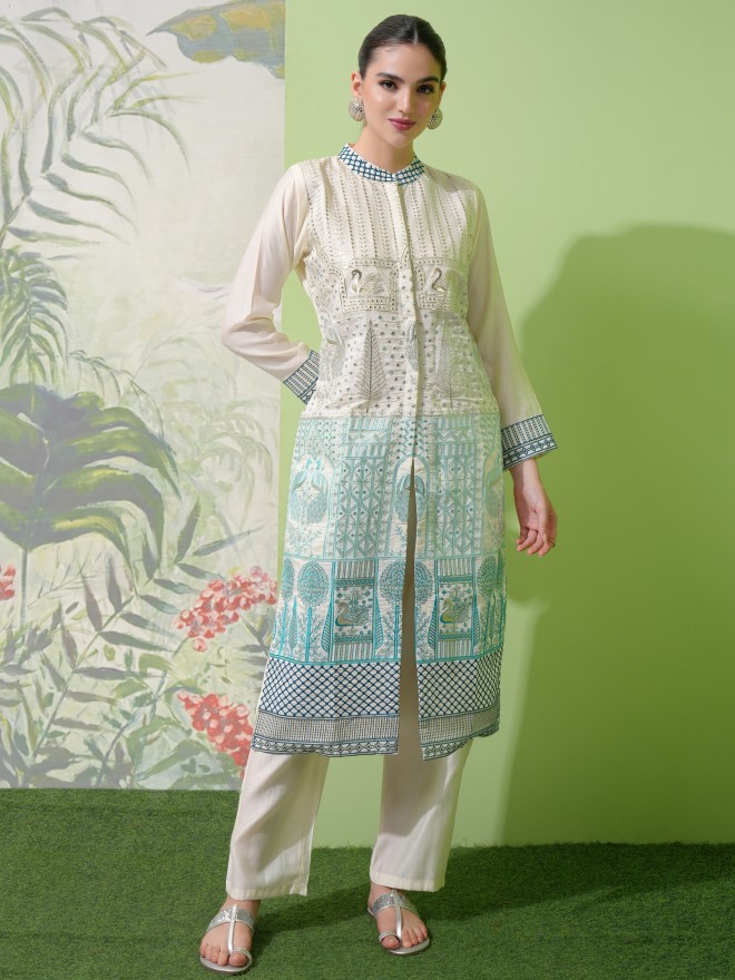 Vishudh Women Cream Embroidered Kurta With Trousers 