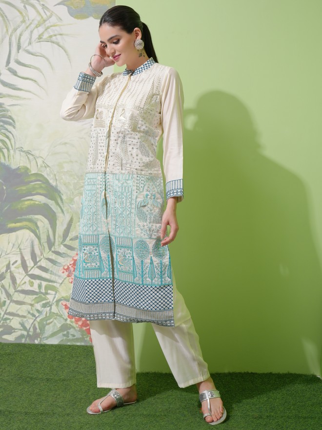 Vishudh Women Cream Embroidered Kurta With Trousers 