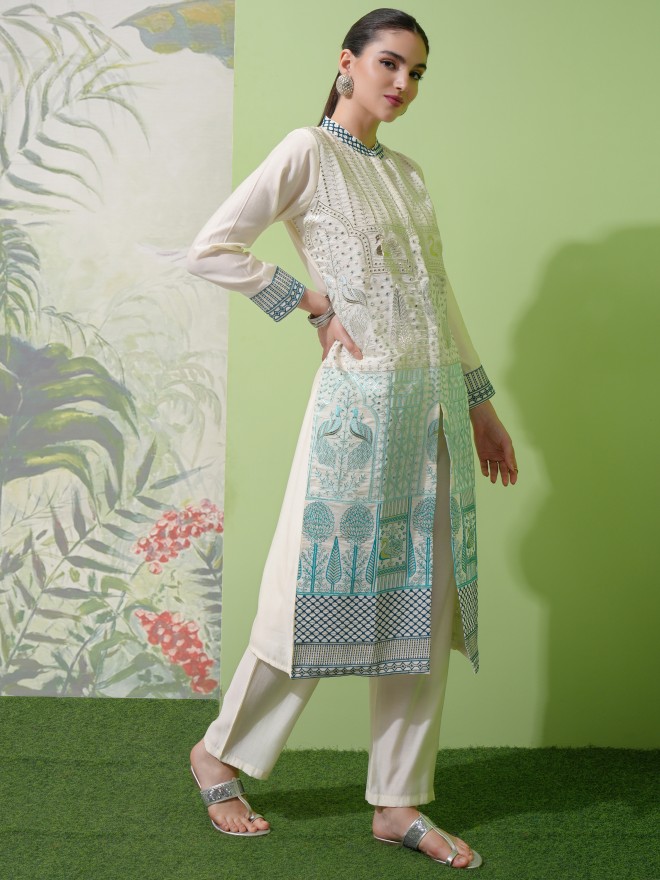 Vishudh Women Cream Embroidered Kurta With Trousers 