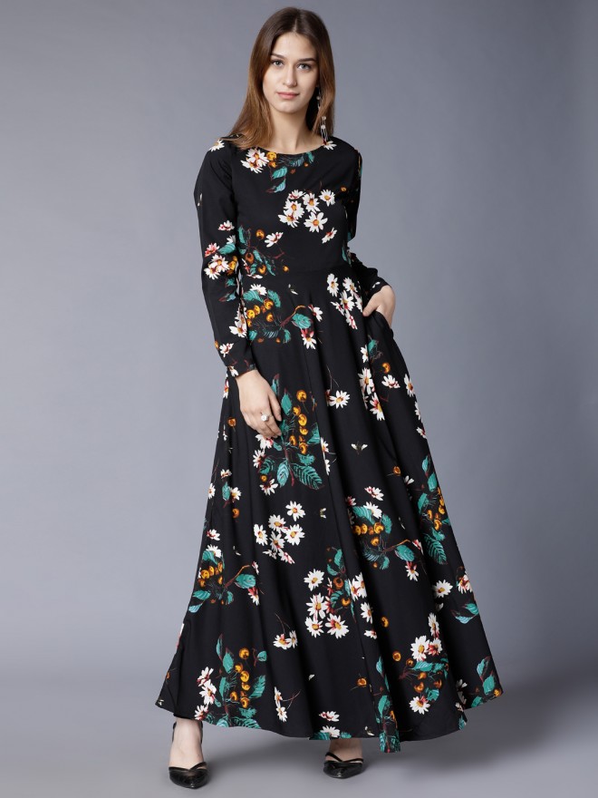 Buy Tokyo Talkies Black Printed Flared Maxi Dress for Women Online at ...