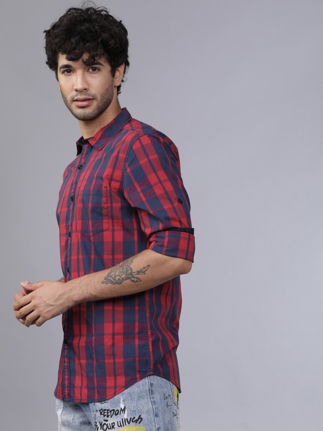 Highlander Men Navy Blue Checked Slim Fit Casual Shirts 