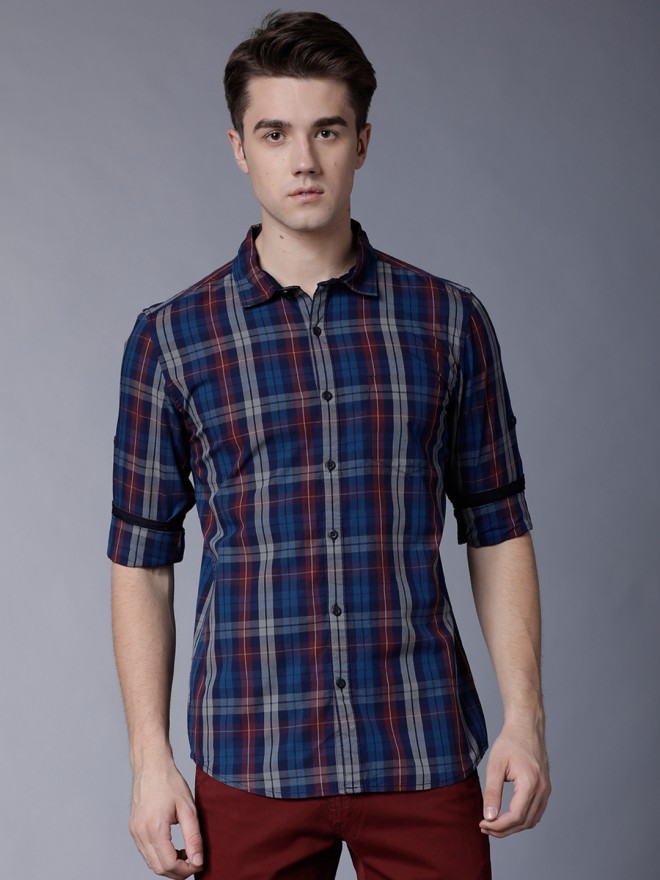 Buy Highlander Navy & Red Slim Fit Checked Casual Shirt for Men Online ...