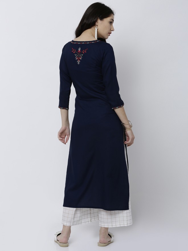 Buy Vishudh Navy Blue Floral Printed Straight Kurta For Women Online At