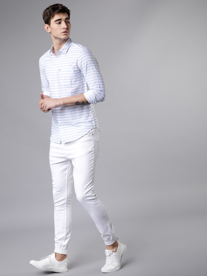 Buy Highlander White/Blue Slim Fit Striped Long Sleeves Shirt for Men ...