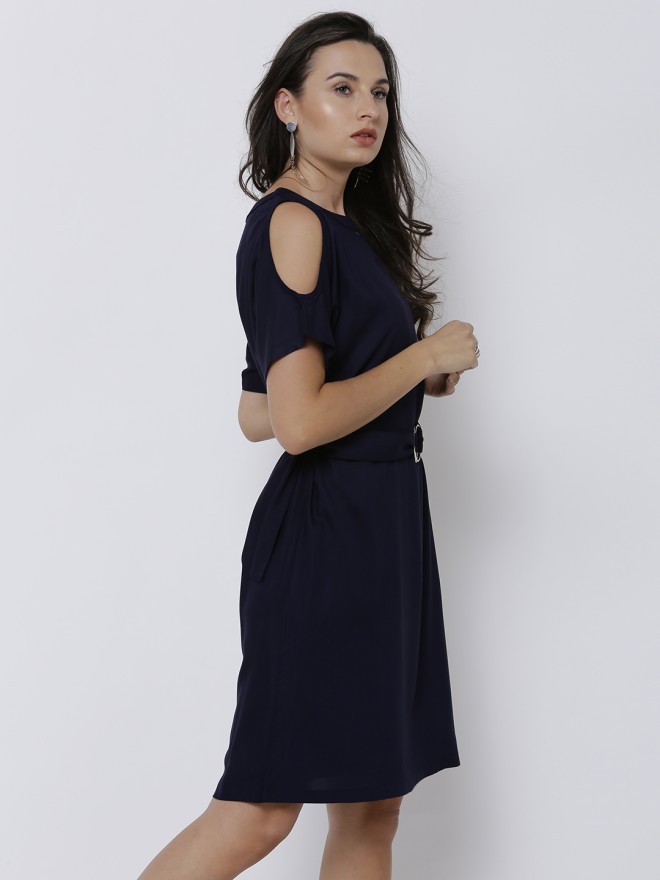 Buy Tokyo Talkies Navy Blue Solid Straight A Line Dress For Women