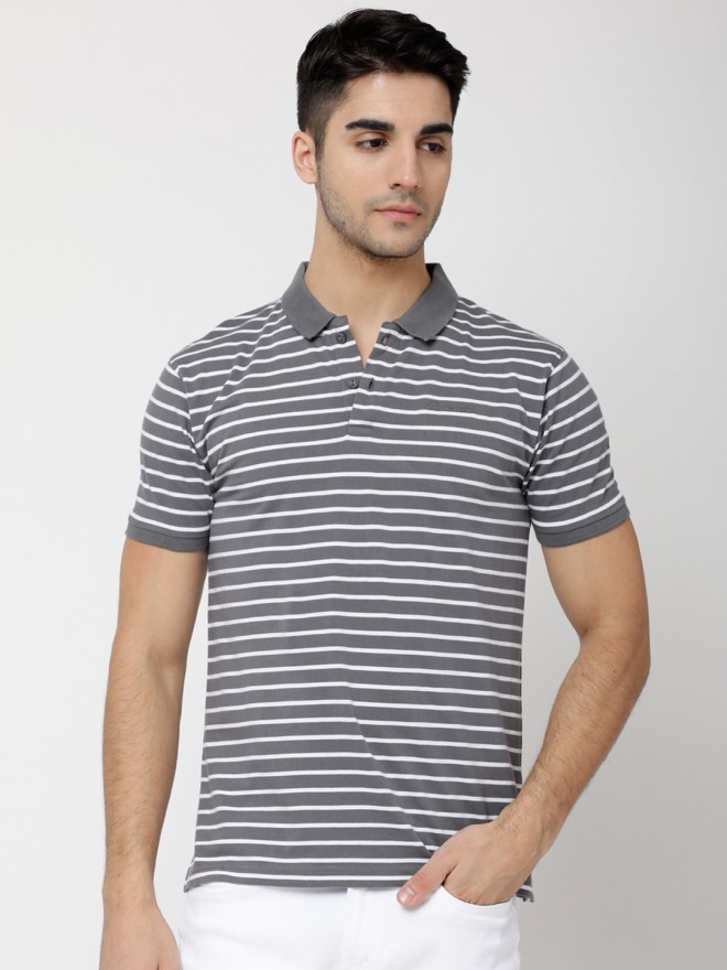 Buy Locomotive Locomotive Grey Striped Polo Collar T-shirt For Men 