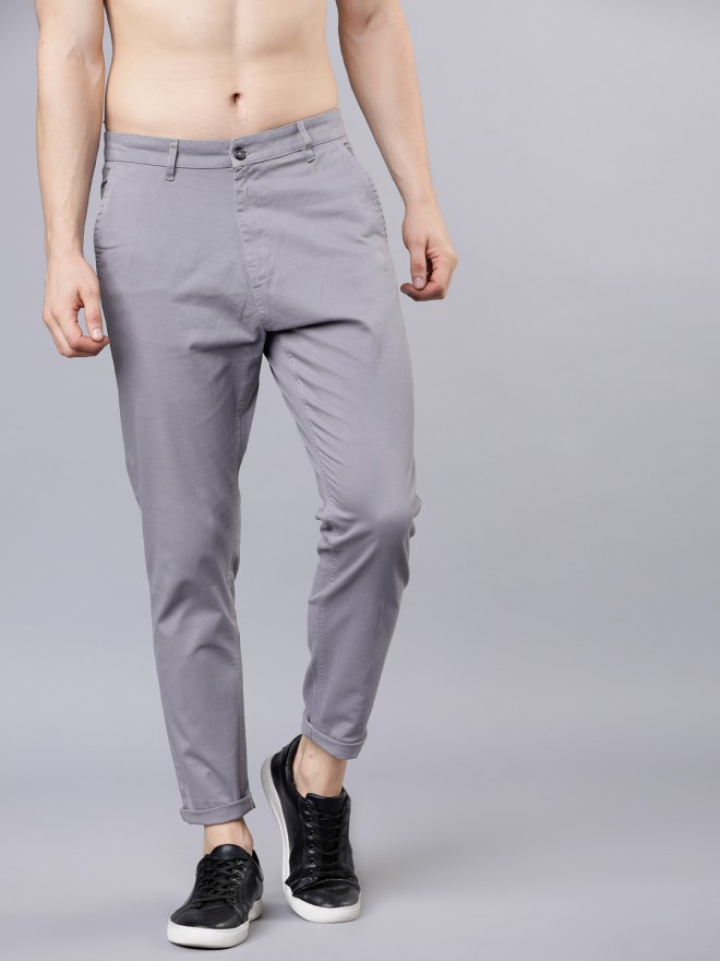 Buy Highlander Grey Tapered Fit Solid Cropped Chinos for Men Online at ...