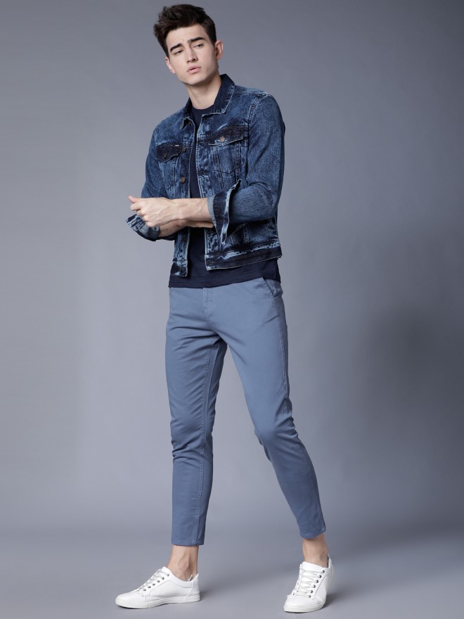 Buy Highlander Blue Tapered Fit Solid Regular Trousers for Men Online ...