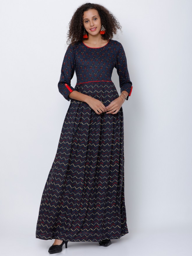 Buy Vishudh Navy Blue Floral Printed Anarkali Kurta For Women Online At