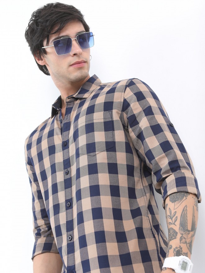 Buy Highlander Navy Blue & Taupe Slim Fit Checked Casual Shirt for Men ...