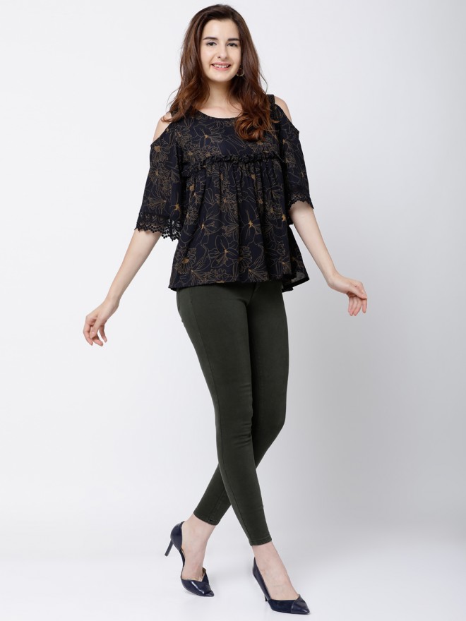 Buy Tokyo Talkies Navy Blue Floral Print A Line Top With Lace Trims For Women Online At Rs369 0574